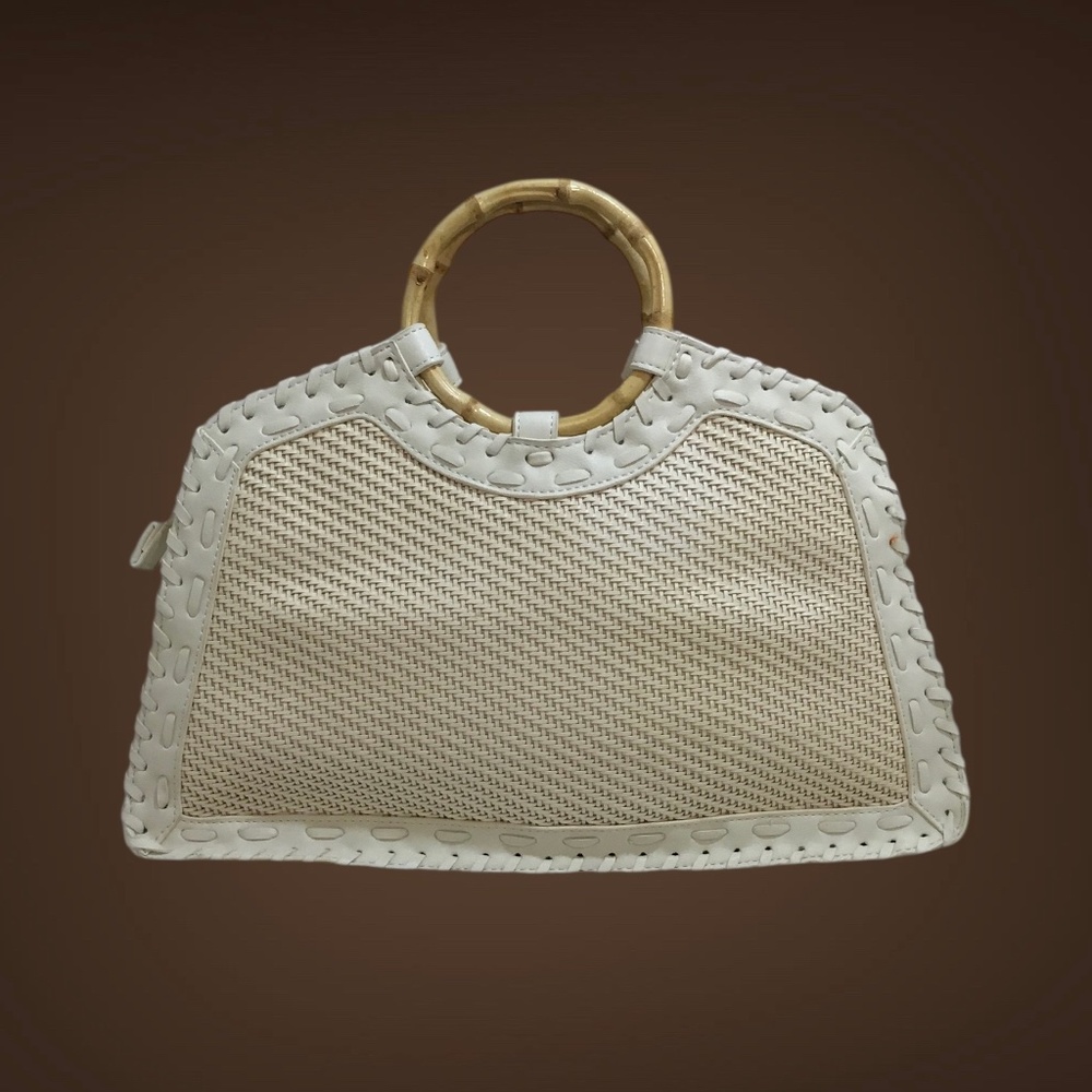 Trapezoid Shaped SR2 Woven Vegan Leather Cream Handbag w/ Bamboo Handles, Medium